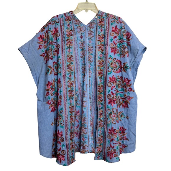 Umgee Tops - Umgee Kimono Wrap Womens S/M Blue Embroidered Floral Boho Festival Coastal Folk